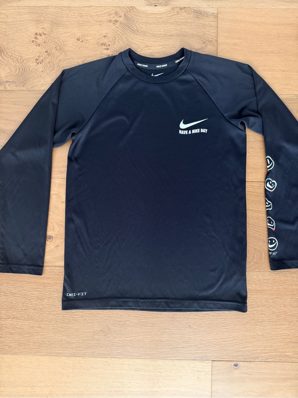 Nike Kids Rashguard Swim Shirt Black Have A Nike Day Long Sleeve Med Smiley Face